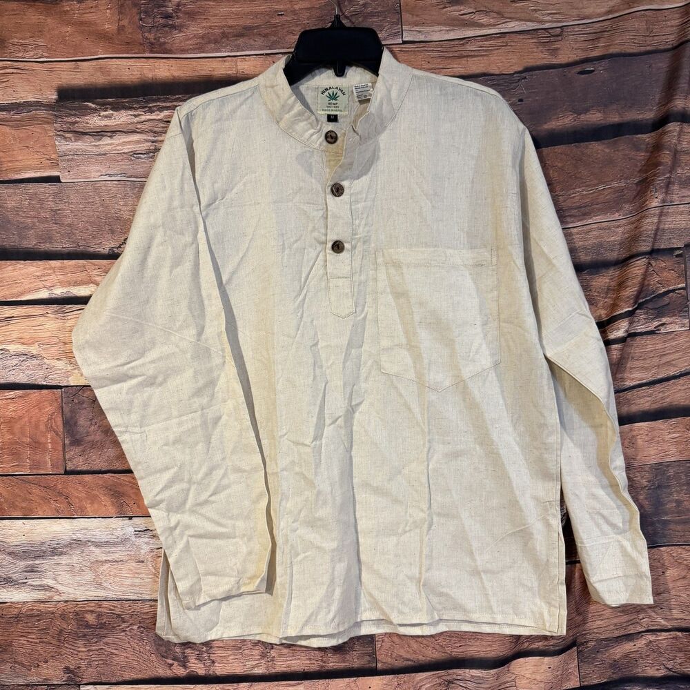 Himalayan Hemp Blend Men's Medium M Long Sleeve Henley Shirt Band Collar Natural